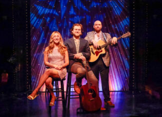 Leaving on a Jet Plane Review: Florida Studio Theatre’s Beautiful Folk Cabaret Takes Flight Pictured (L to R): Collin Purcell, Katie Blackwell, and Brian Ott. Photo by Sorcha Augustine.
