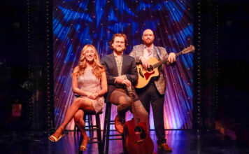 Leaving on a Jet Plane Review: Florida Studio Theatre’s Beautiful Folk Cabaret Takes Flight Pictured (L to R): Collin Purcell, Katie Blackwell, and Brian Ott. Photo by Sorcha Augustine.