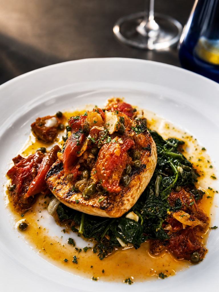 Gourmet grilled fish entrée with roasted tomatoes, capers, sautéed greens, and citrus butter sauce served at Delfinos restaurant at Hammock Beach Golf Resort & Spa.
